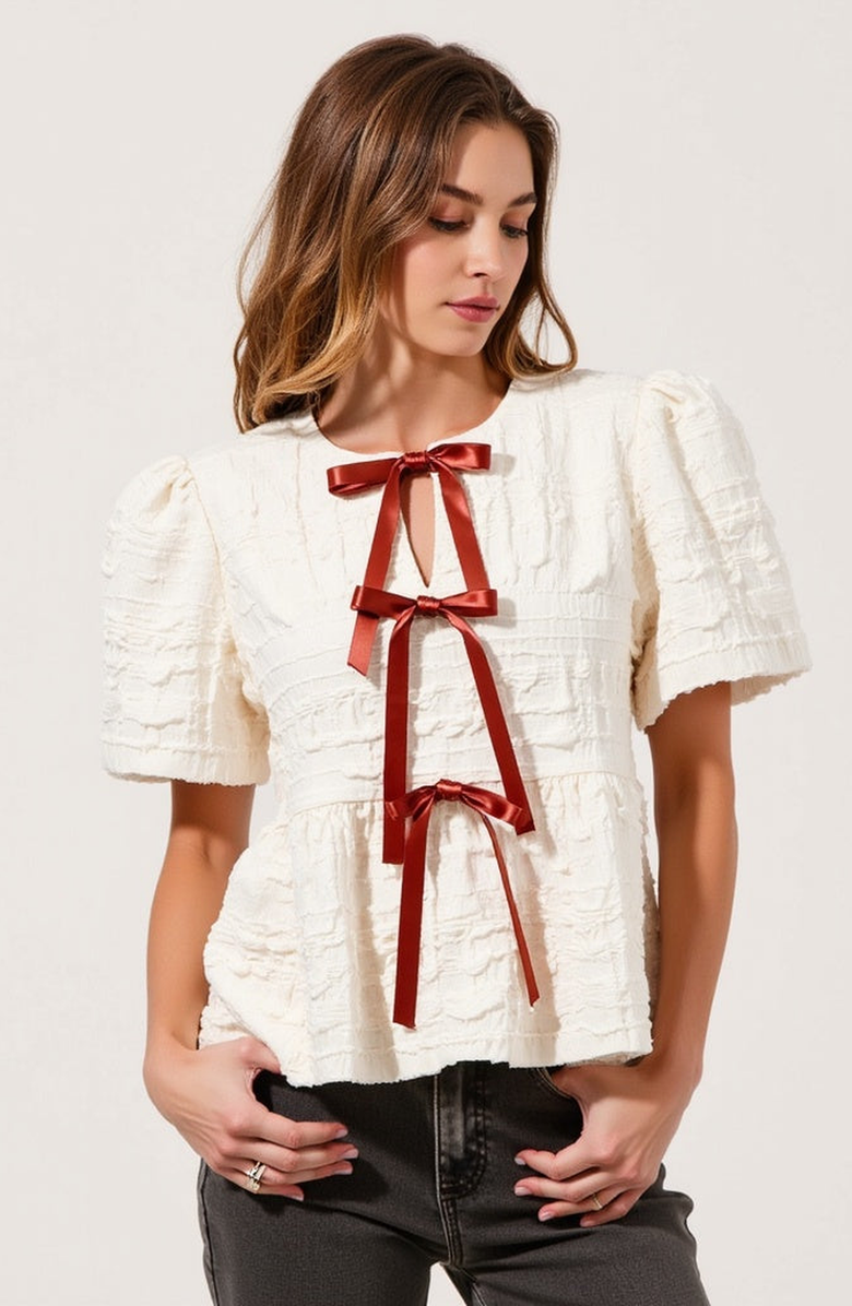 Modenaire Textured Puff-Sleeve Peplum Blouse with Bow-Tie Front, Main, color,