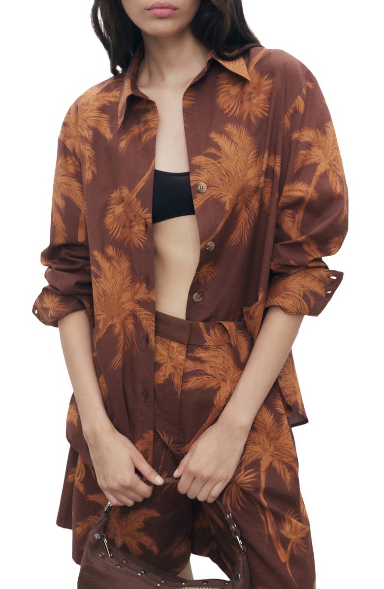 MANGO Palm Print Cotton Button-Up Shirt, Main, color, Brown