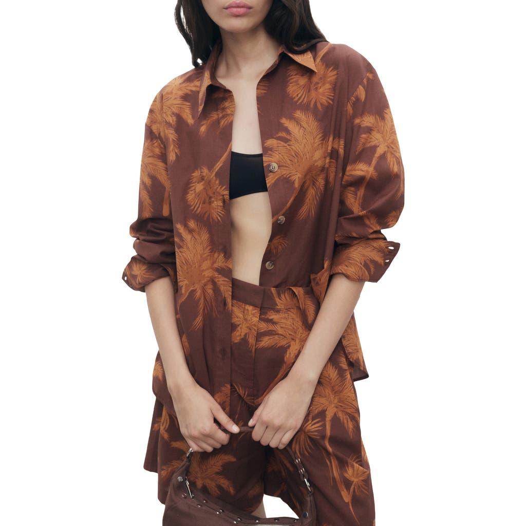 Mango Palm Print Cotton Button-up Shirt In Brown