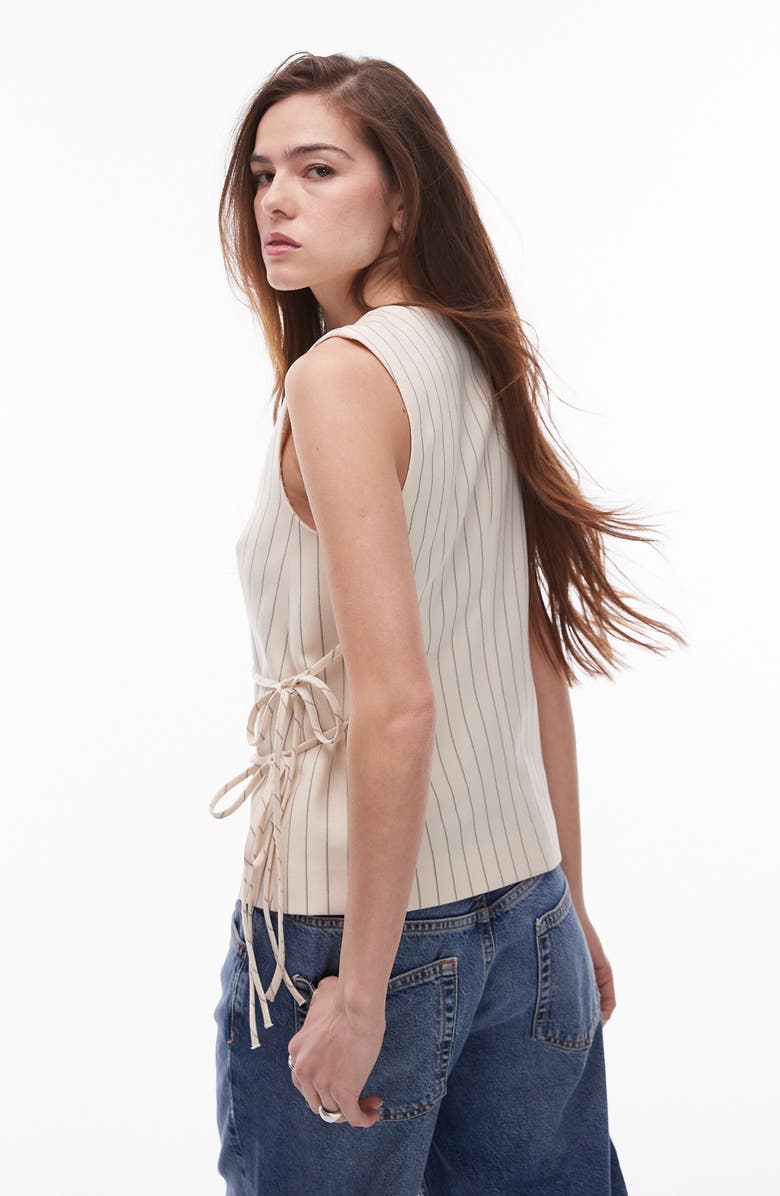 Topshop Pinstripe Side Tie Waistcoat, Alternate, color, Beige