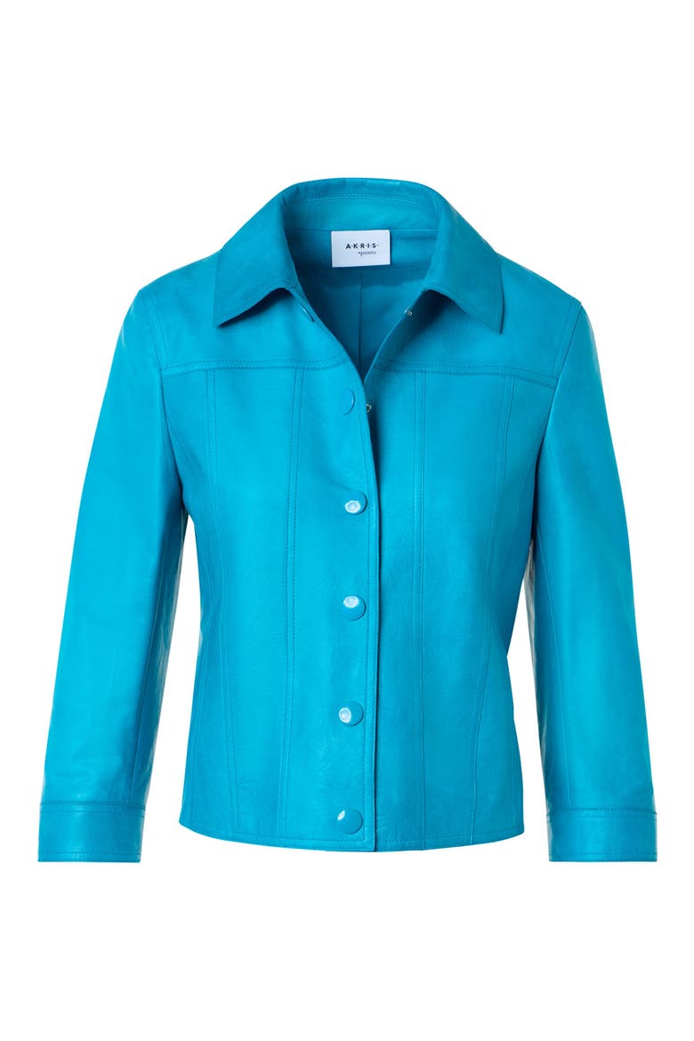 Crinkle Napa Leather Trucker Jacket, Alternate, color, TURQUOISE