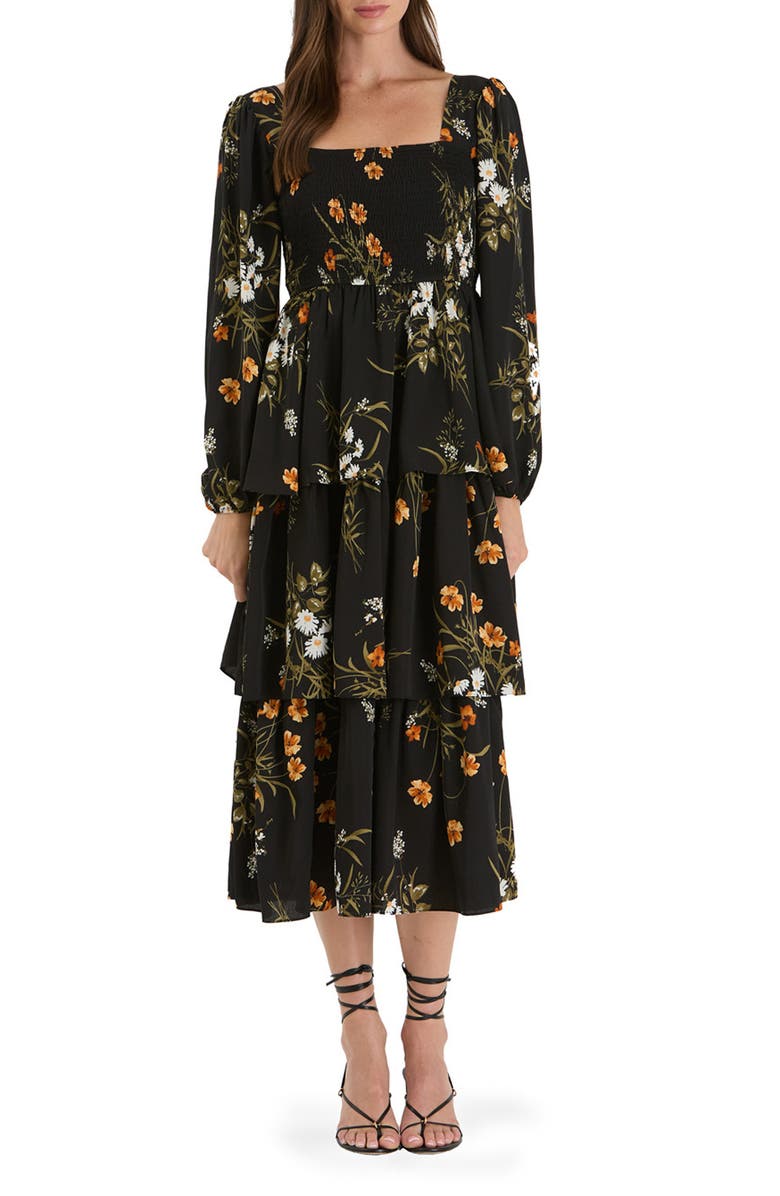 AUGUST SKY Floral Long Sleeve Tiered Midi Dress, Main, color, 