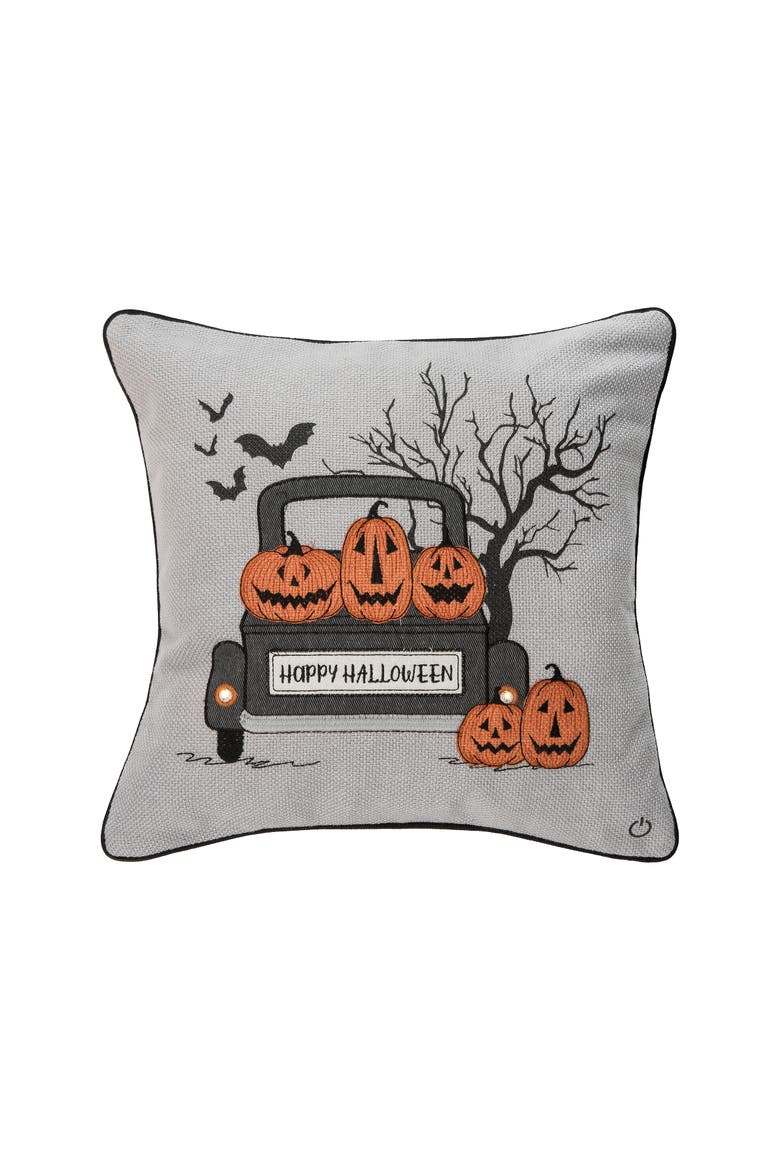 Halloween Pickup Truck Accent Throw Pillow, 18" x 18" With Light-Up LED, Main, color, Grey