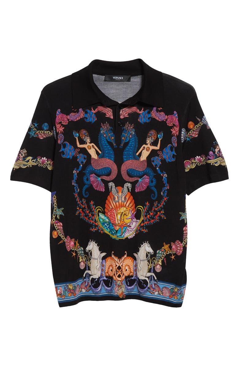 Versace Coral Theater Silk Polo Sweater, Alternate, color, Black Multicolor