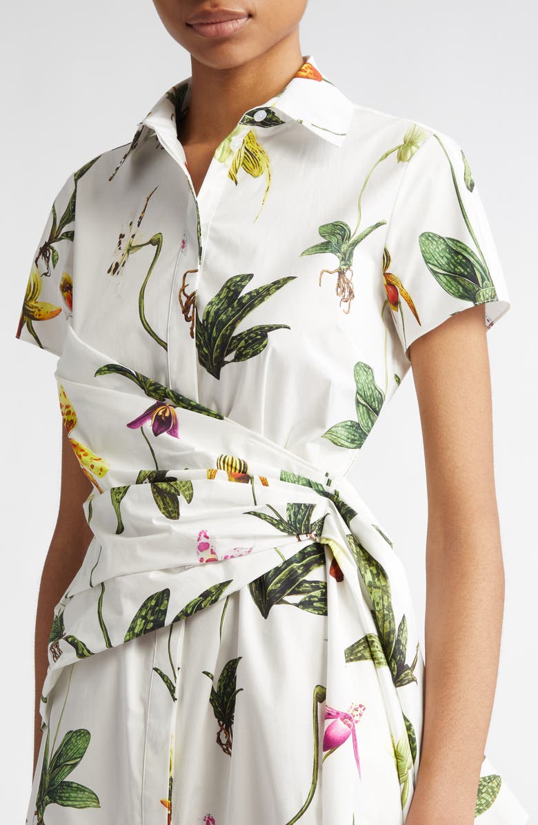 Oscar de la Renta Orchids Cap Sleeve Stretch Cotton Poplin Shirtdress, Alternate, color,