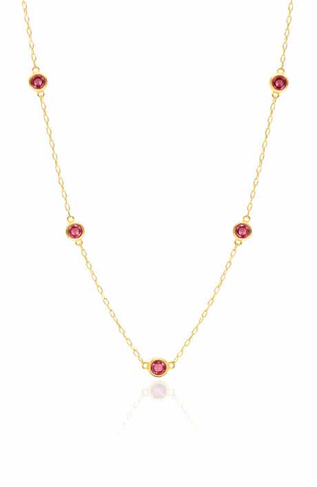 House of Frosted 14K Yellow Gold Garnet Station Chain Necklace