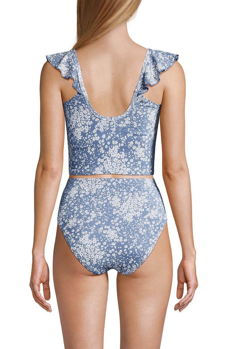 Lands' End Pique Ruffle Tankini Top and High Waisted Bottom Swimsuit Set, Alternate, color, Dusk Sky Meadow Ditsy Floral