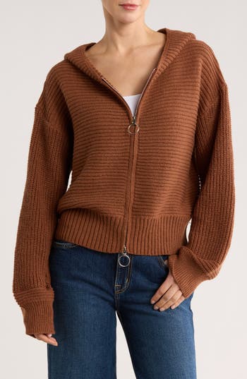 Patrizia Luca Double Zip Hooded Cardigan In Brown