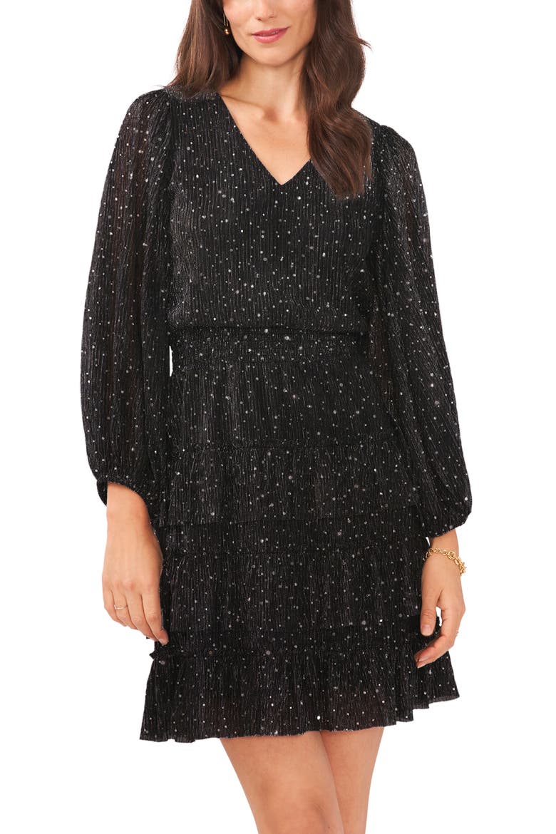 Tiered Metallic Long Sleeve Dress, Alternate, color, RICH BLACK