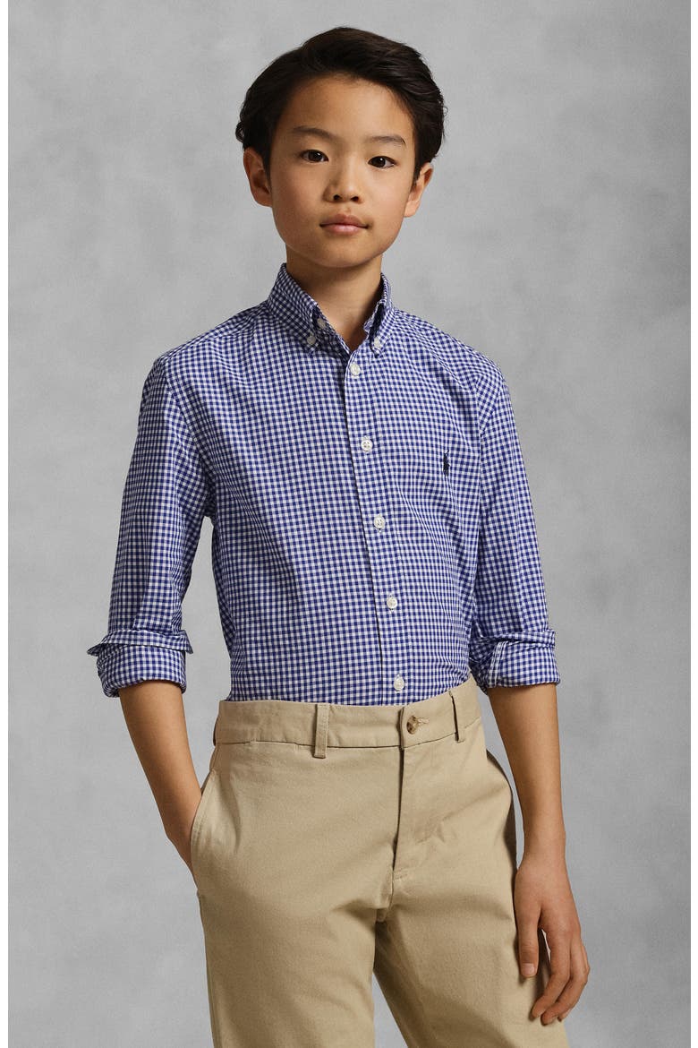 Kids' Gingham Check Cotton Button-Down Shirt, Alternate, color, BLUE MU