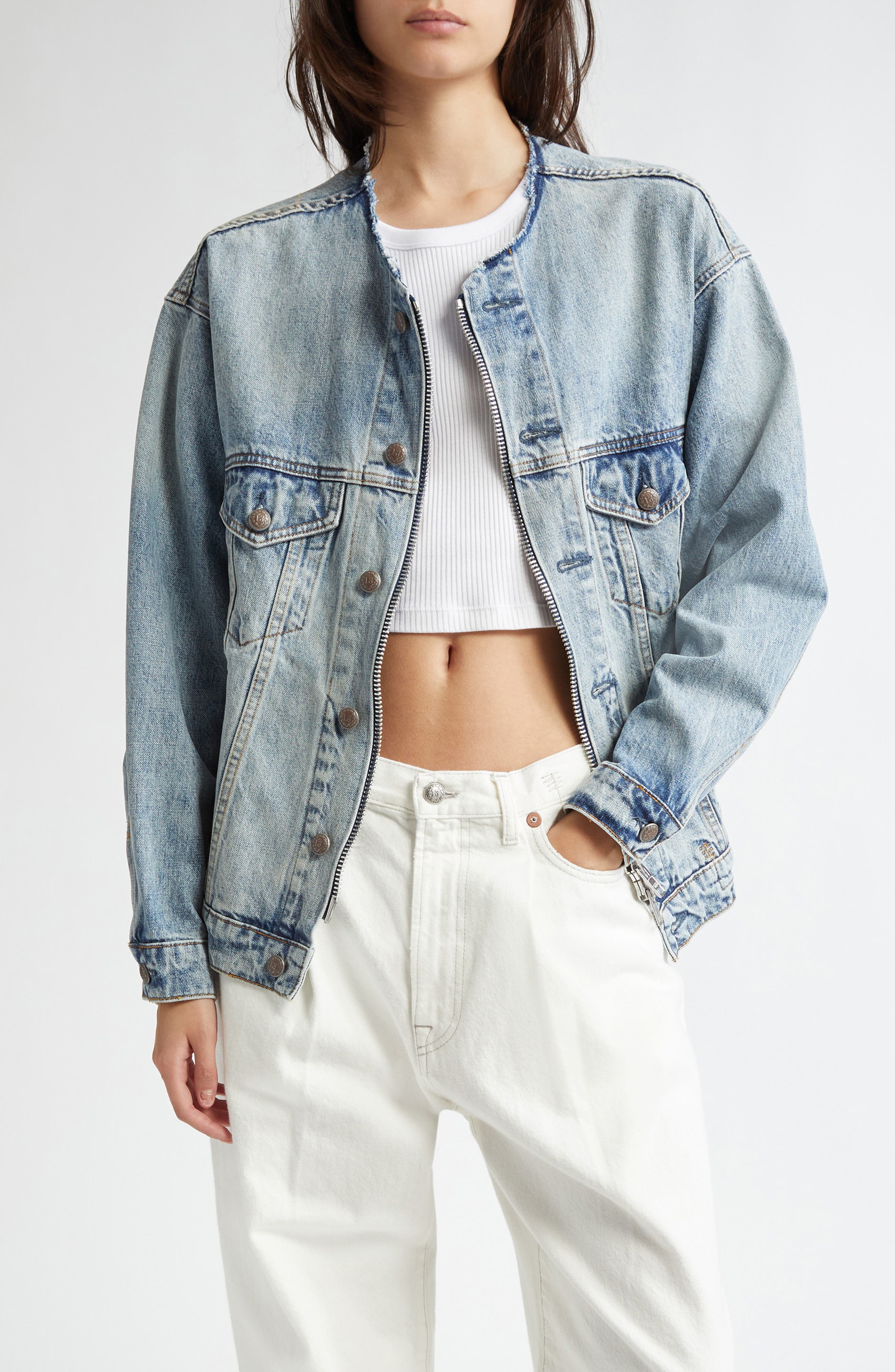 Collarless Zip Front Denim Trucker Jacket