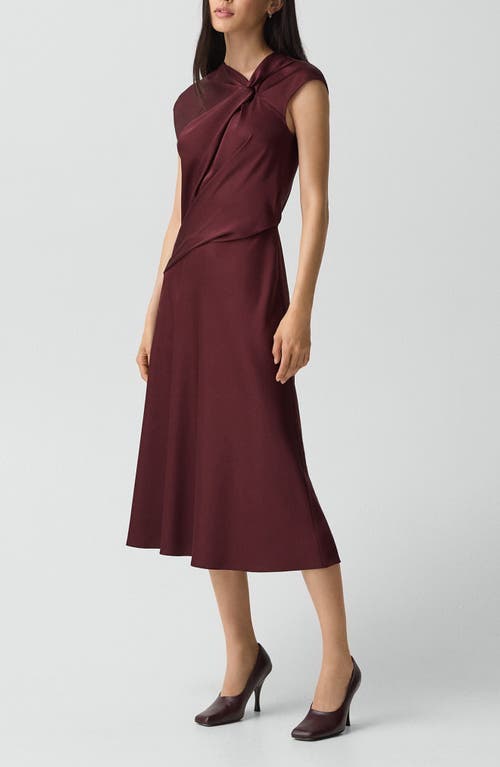 Theory Twist Bodice Satin Midi Dress In Burgundy