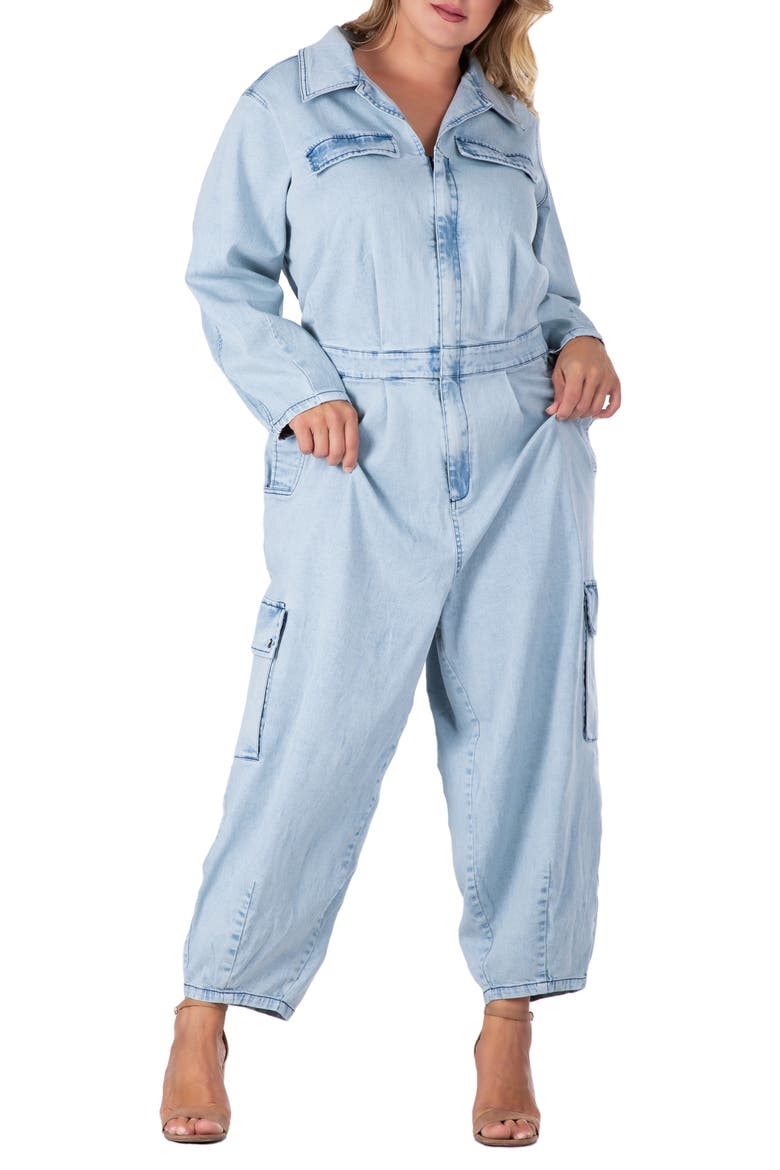 Cargo Long Sleeve Denim Jumpsuit, Alternate, color, BLEACHED BLUE