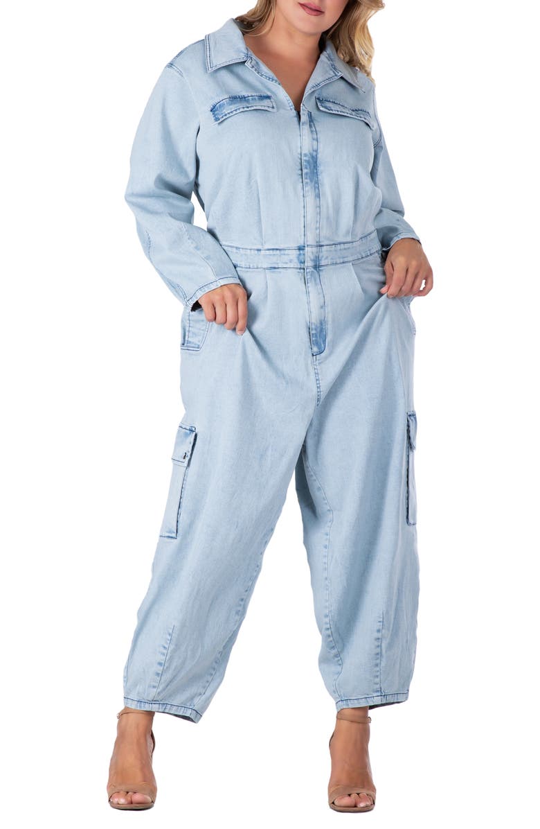 Standards & Practices Cargo Long Sleeve Denim Jumpsuit, Alternate, color, Bleached Blue