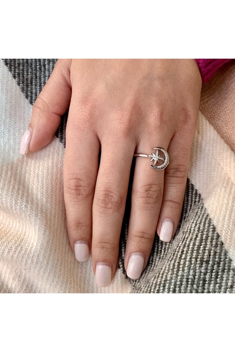 Moon Cradled Star Sterling Silver Diamond Ring, Alternate, color, Silver