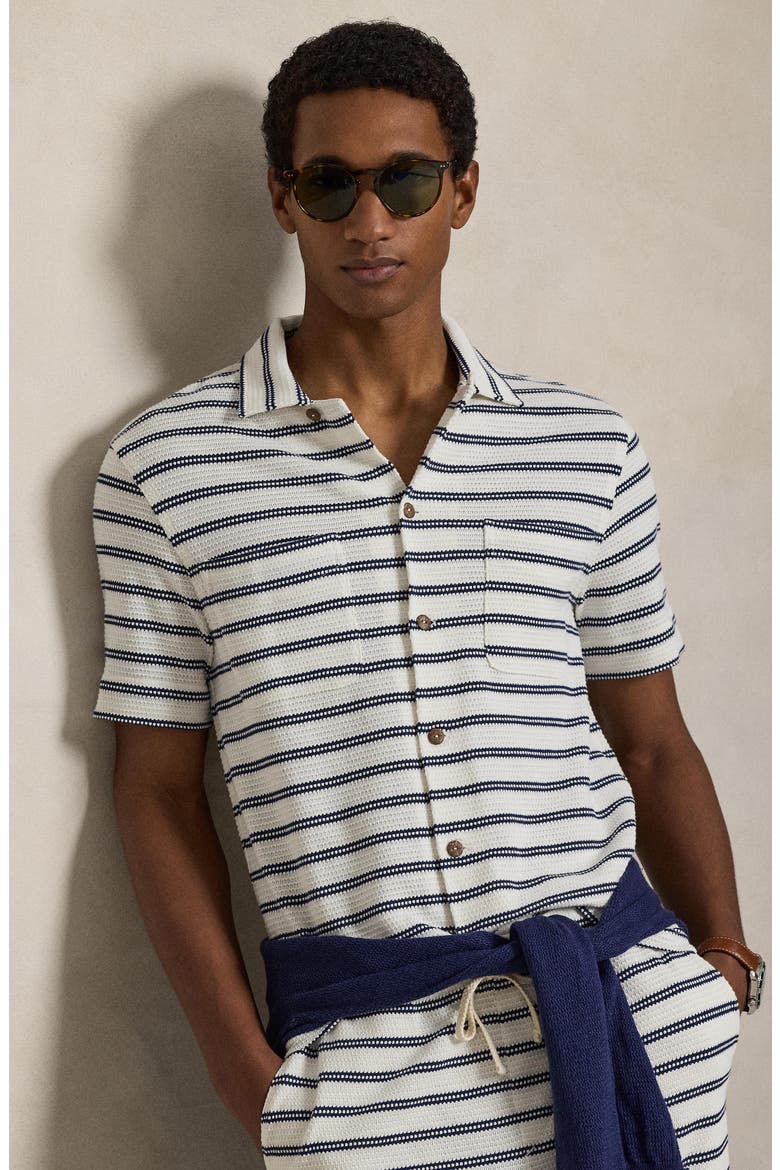 Stripe Pointelle Camp Shirt, Alternate, color, PALE CREAM/ NEWPORT NAVY