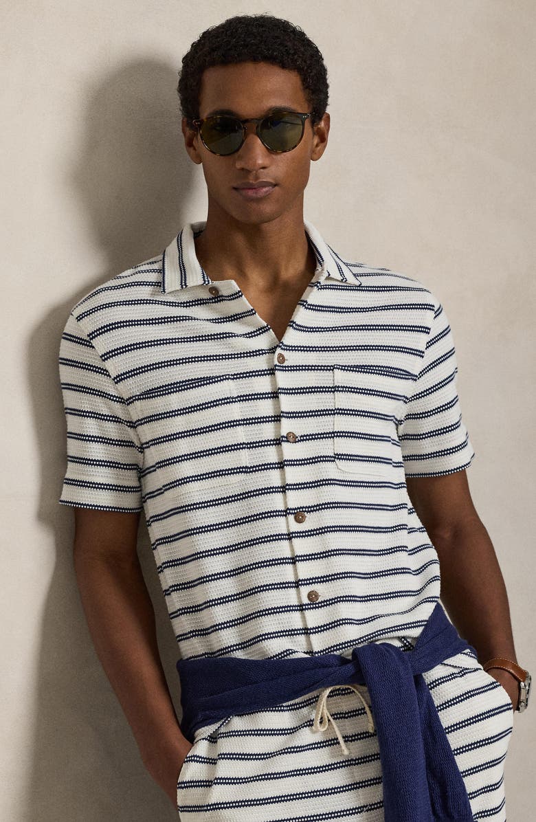 Polo Ralph Lauren Stripe Pointelle Camp Shirt, Alternate, color, Pale Cream/ Newport Navy