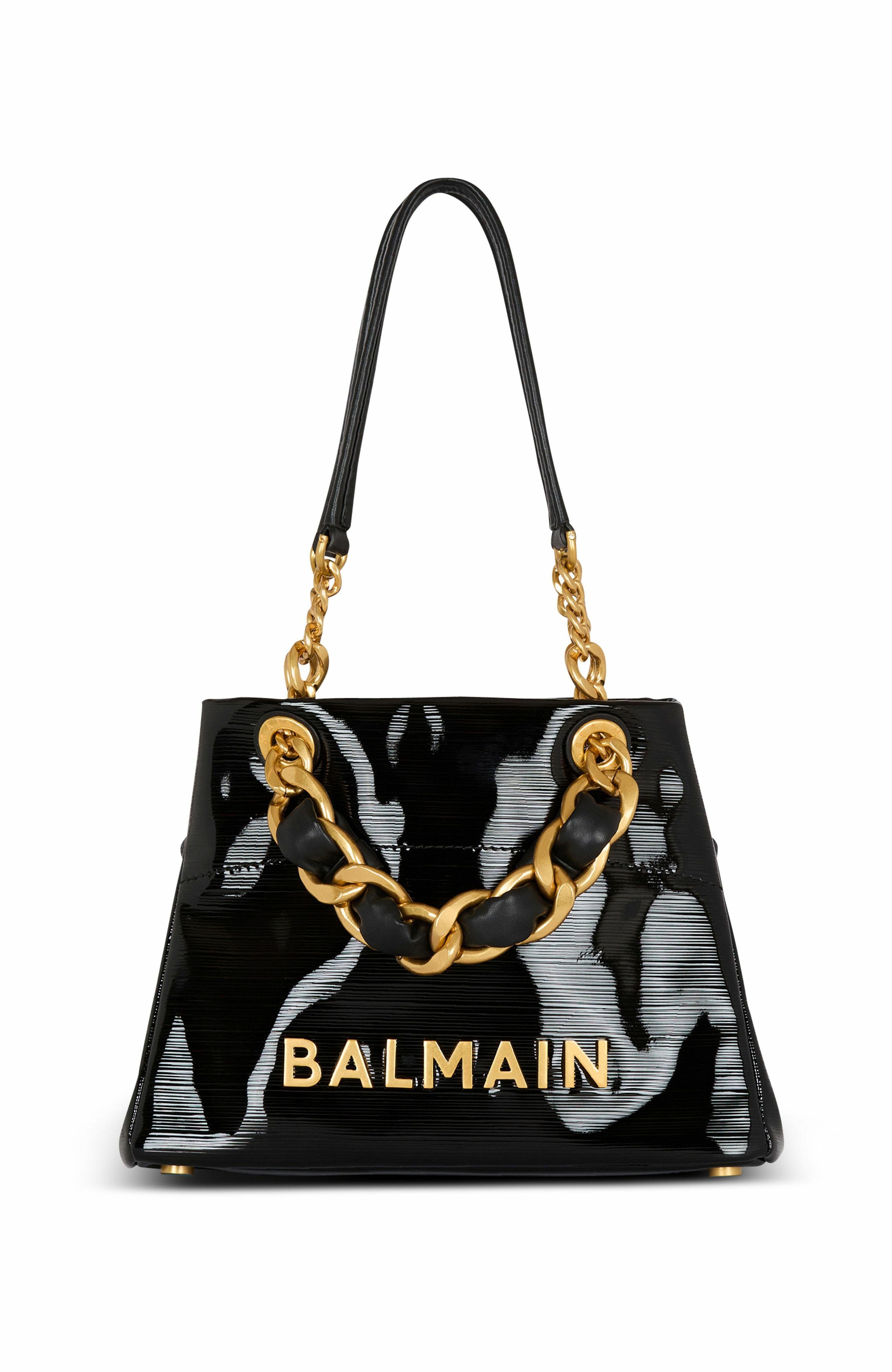 Balmain Small 1945 Soft Tote Bag In Striped Patent Leather, Alternate, color, 