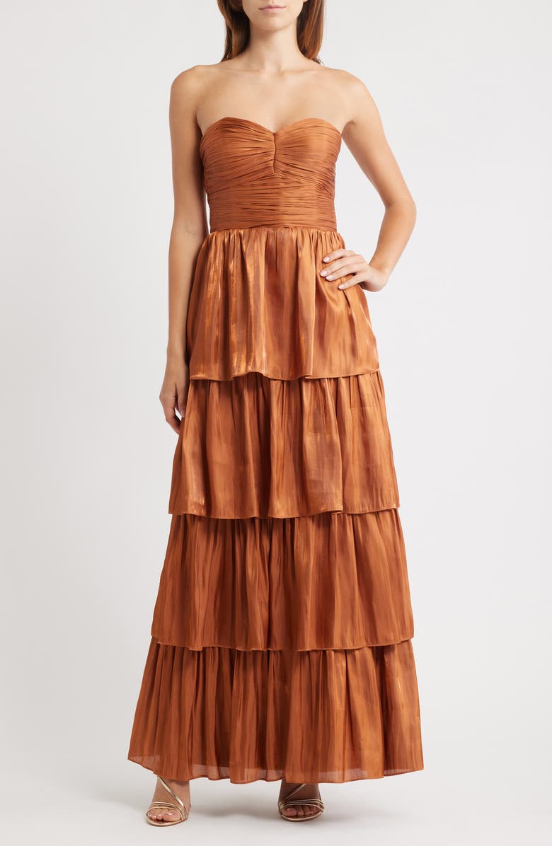 Lulus Bella Strapless Tiered Gown, Main, color, Rust