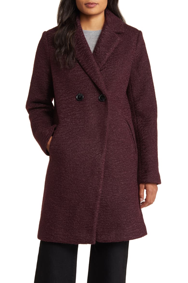 Bouclé Tweed Double Breasted Coat, Main, color, BURGUNDY