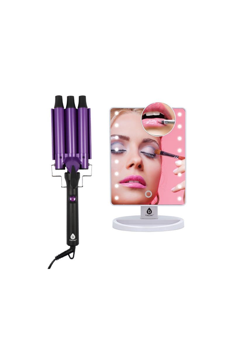 Dimmable LED Vanity Mirror &  Triple Barrel Hair Curler, Main, color, Multicolor