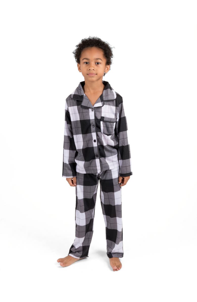 Leveret Kids Button-Front Flannel Printed Holiday Pajama Set, Main, color, Plaid Black & White