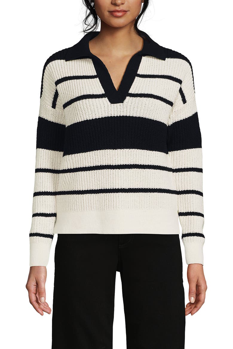 Cotton Boucle Johnny Collar Textured Sweater, Alternate, color, Ivory/Black Stripe