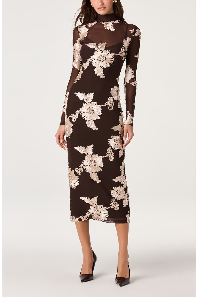 Florentine Floral Embroidered Mock Neck Midi Dress, Alternate, color, BROWN CREAM FLORAL