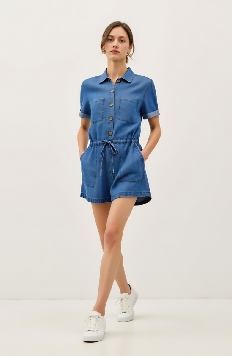 Modenaire Utility Button-Up Denim Romper with Pockets and Drawstring Waist, Alternate, color, Denim Blue
