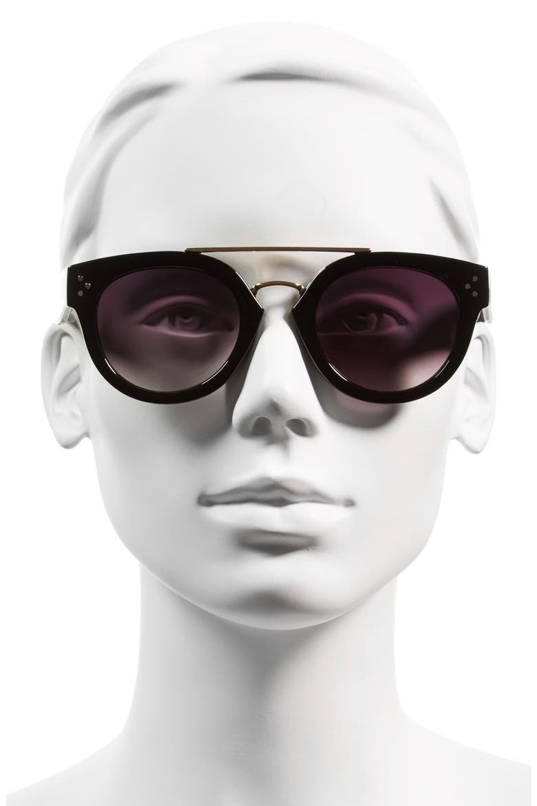 48mm Metal Brow Bar Round Sunglasses, Alternate, color, BLACK