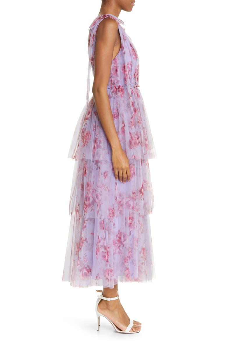Floral Print Tiered Tulle Midi Dress, Alternate, color, LAVENDER