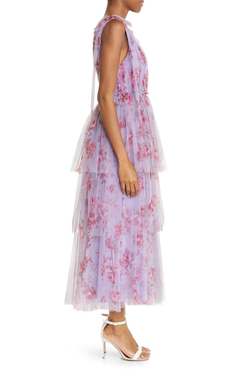 Lela Rose Floral Print Tiered Tulle Midi Dress, Alternate, color, 