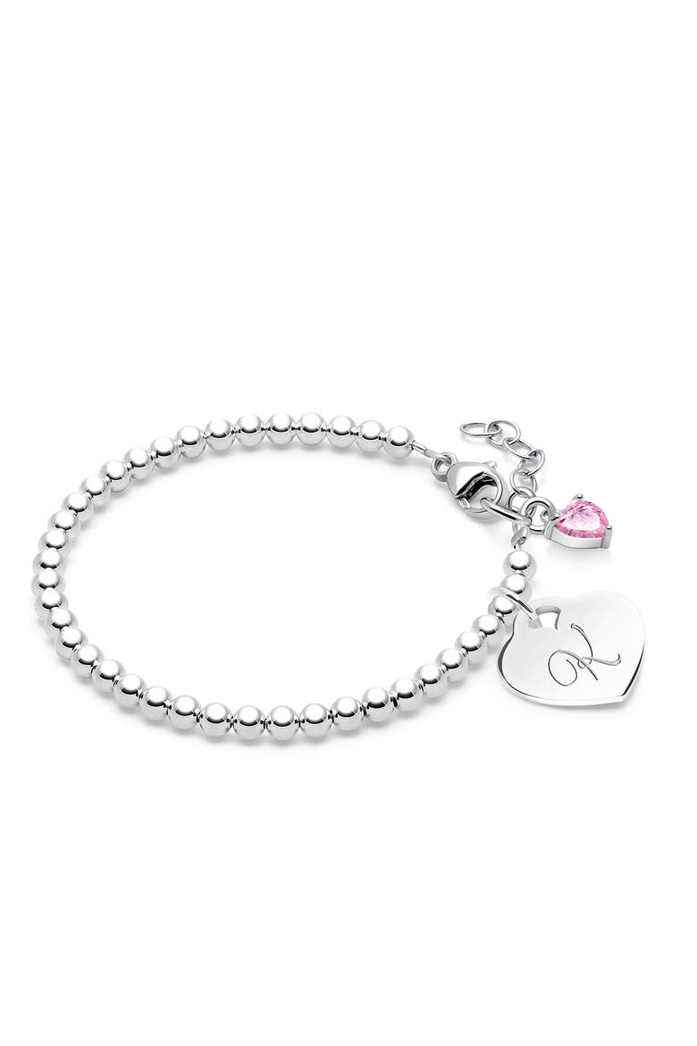 Sterling Silver 3mm Beads & Engraved Initial 5.25" Bracelet, Main, color, Silver - K