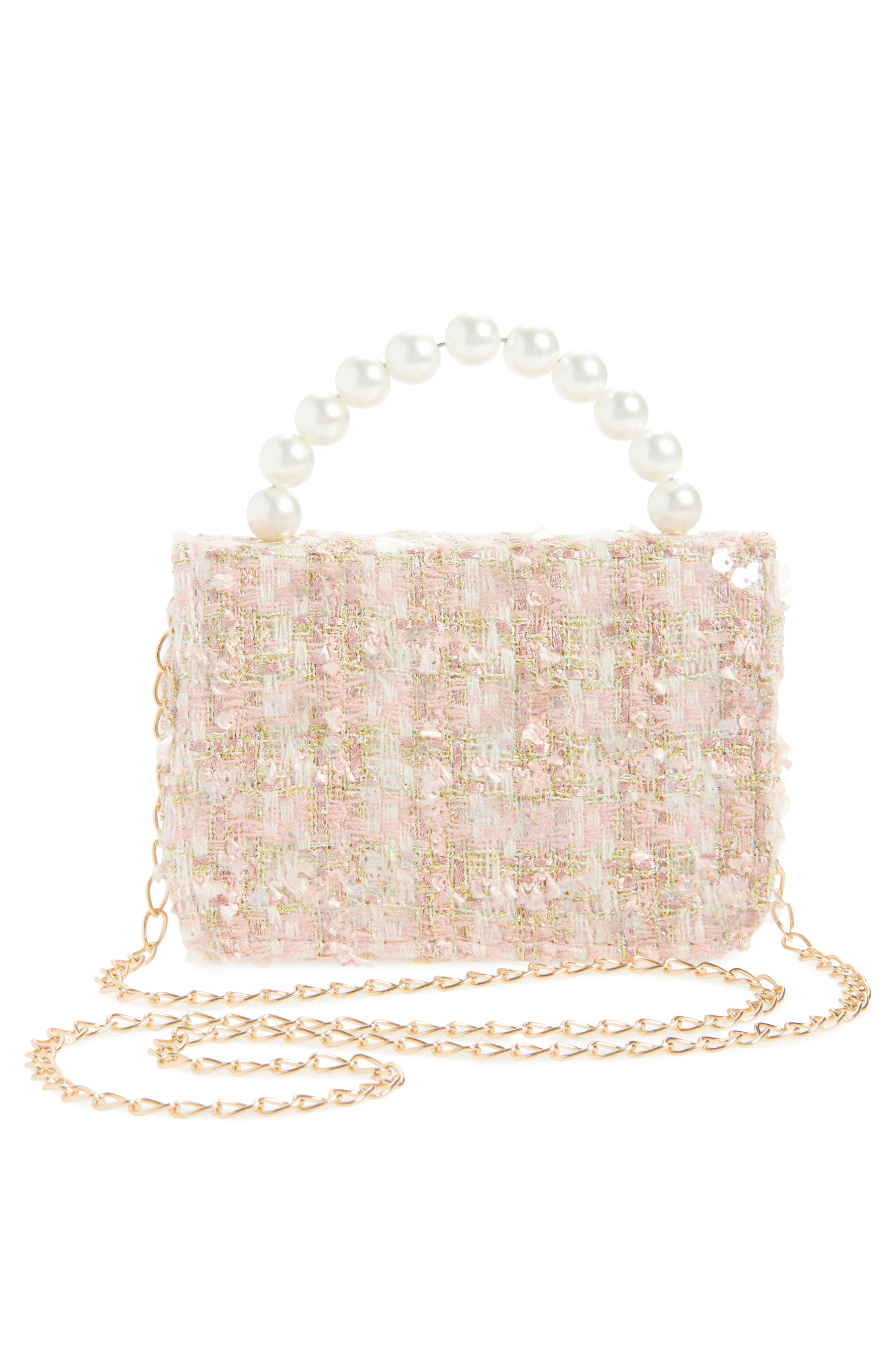 Ruby & Ry Kids' Pink Tweed Faux Pearl Top Handle Bag, Alternate, color, Pink