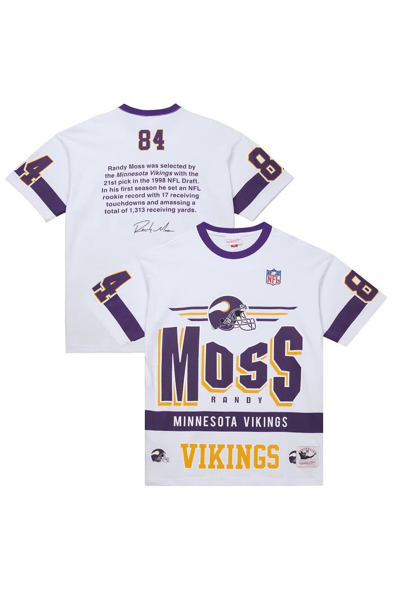 Men's Mitchell & Ness Randy Moss White Minnesota Vikings Name & Number Team Origins Vintage Logo T-Shirt, Alternate, color, White