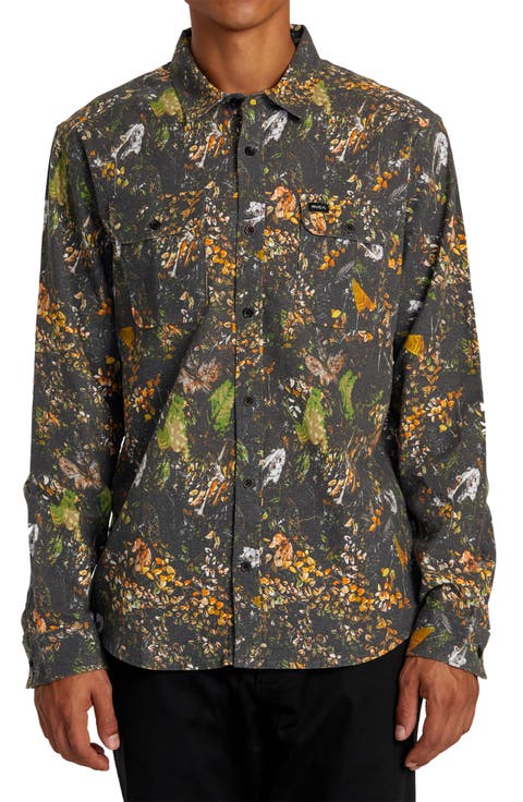 Leaf Print Cotton Flannel Button-Up Shirt