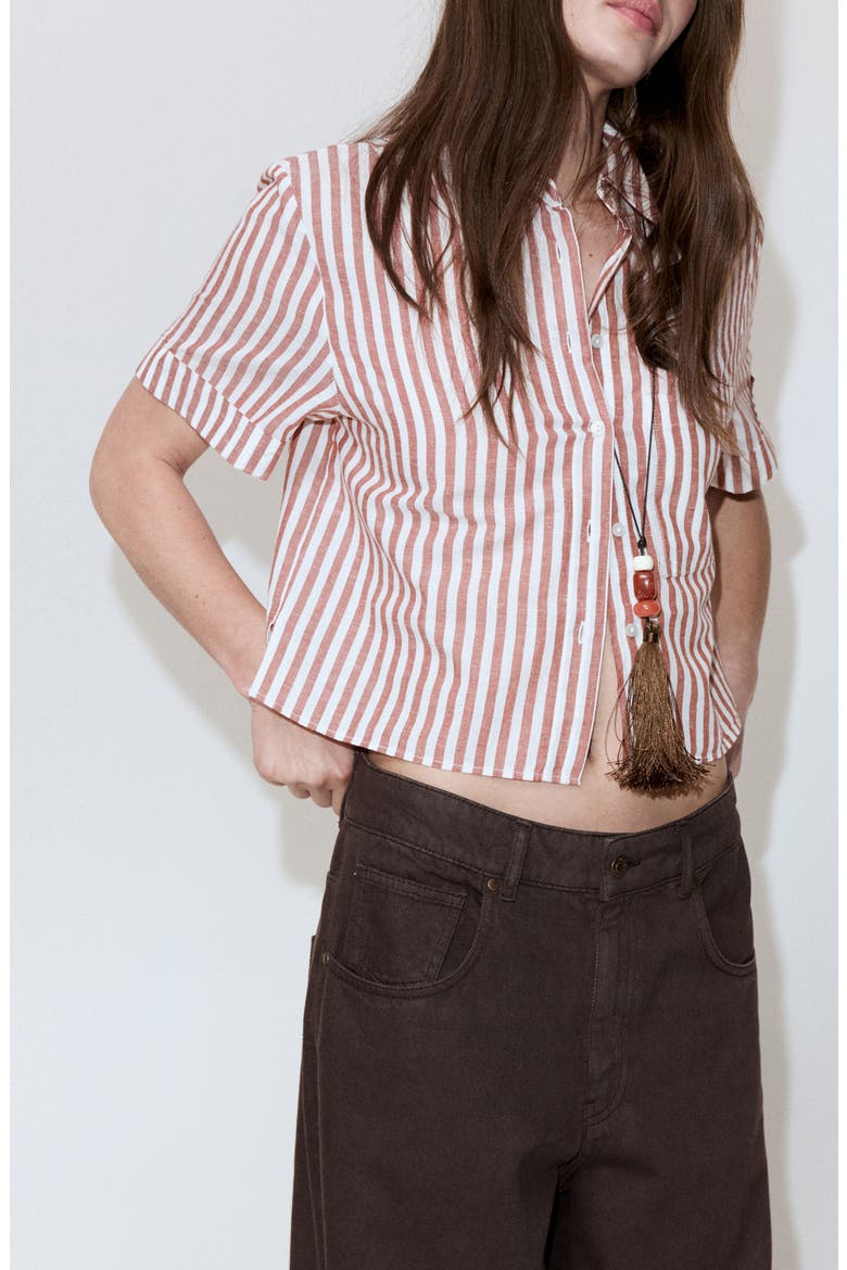 Stripe Short Sleeve Cotton & Linen Button-Up Shirt, Main, color, MAROON