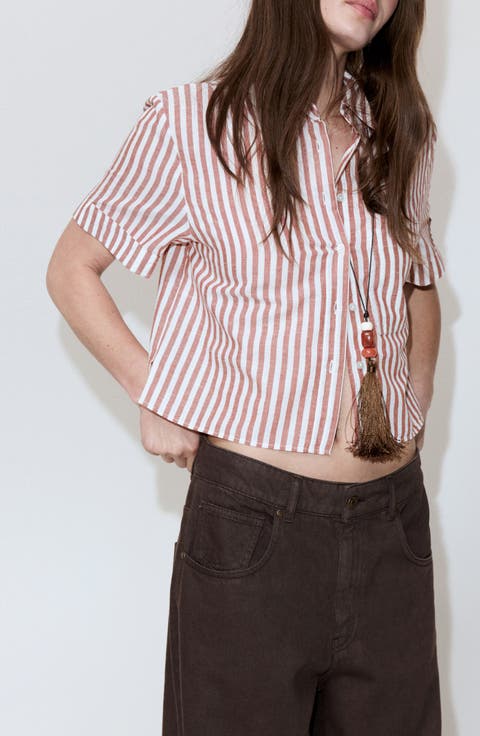 Stripe Short Sleeve Cotton & Linen Button-Up Shirt