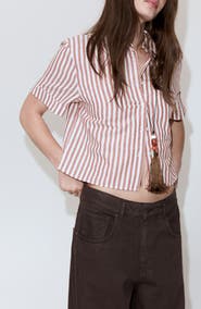 MANGO Stripe Short Sleeve Cotton & Linen Button-Up Shirt