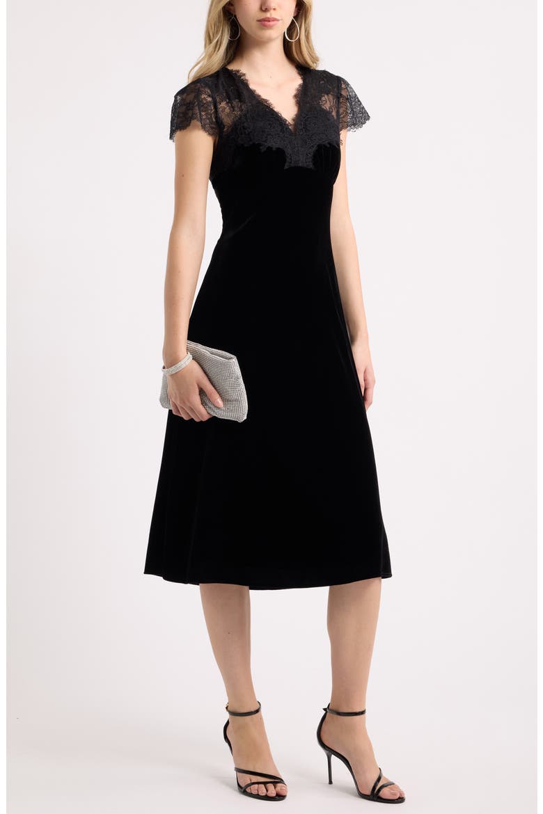 Lace & Velvet Midi Dress, Alternate, color, BLACK