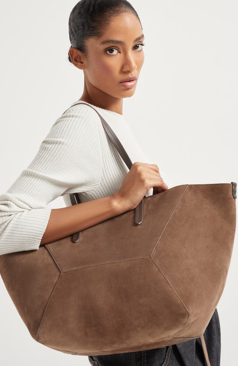 Brunello Cucinelli Suede BC Duo bag, Alternate, color, Bark