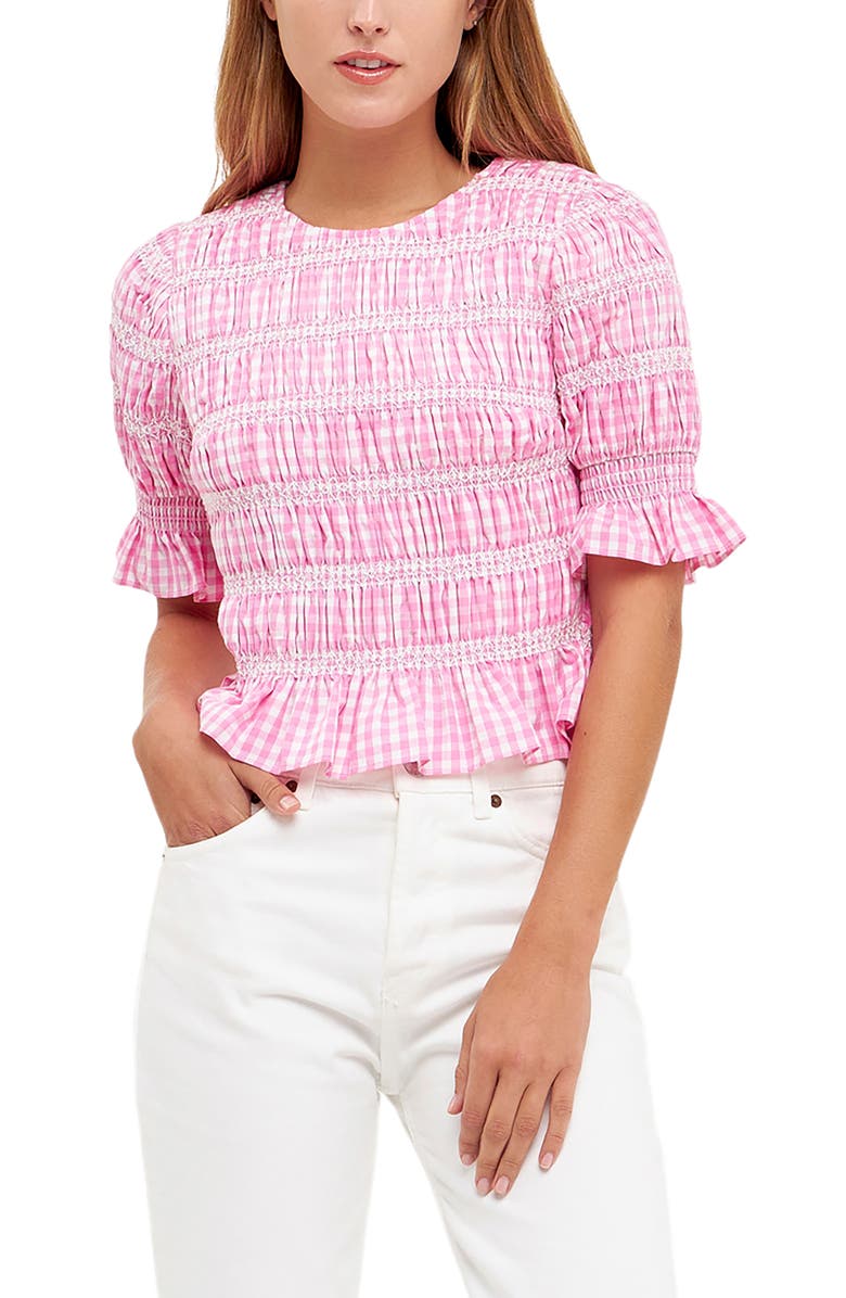 English Factory Smocked Gingham Puff Sleeve Top, Main, color, 