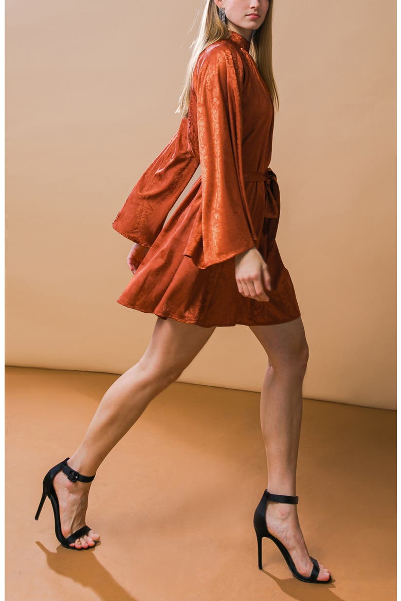 Long Sleeve Satin Minidress, Alternate, color, BROWN