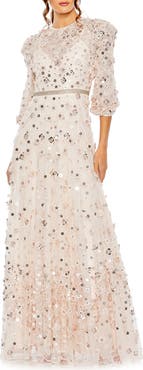 Mac Duggal Women's Floral Applique Puff Sleeve High Neck A-Line Gown