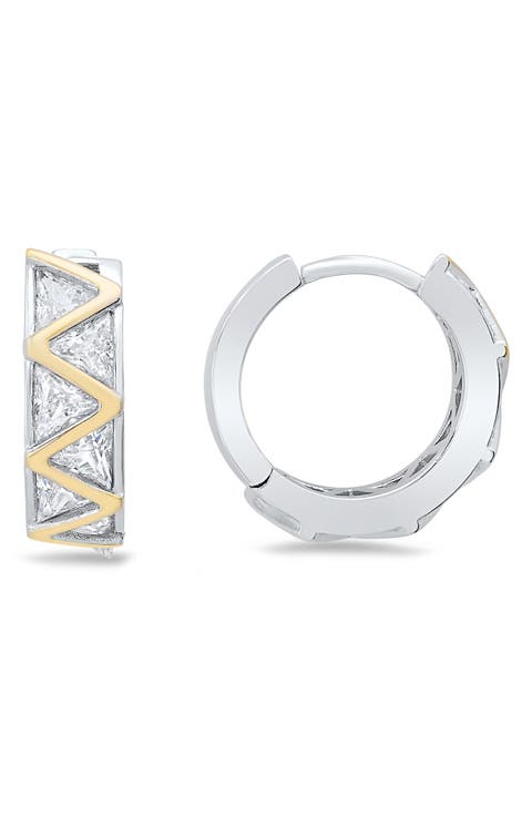 Two-Tone Cubic Zirconia Zigzag Huggie Hoop Earrings