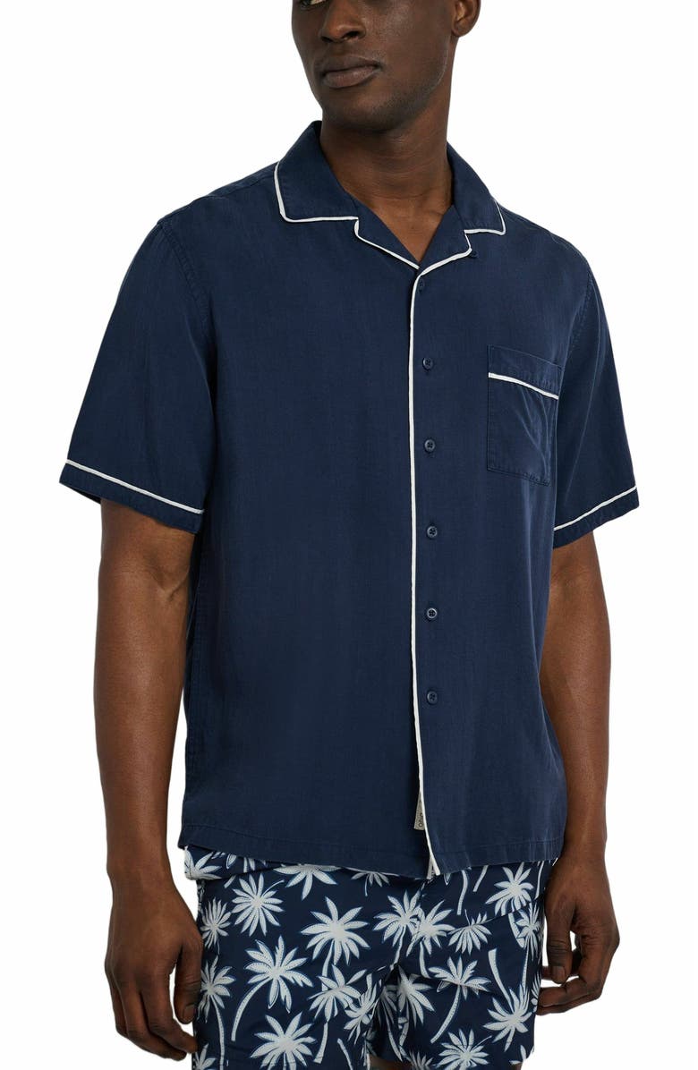 Onia Piped Tencel Convertible Vacation Shirt, Alternate, color, Deep Navy/White