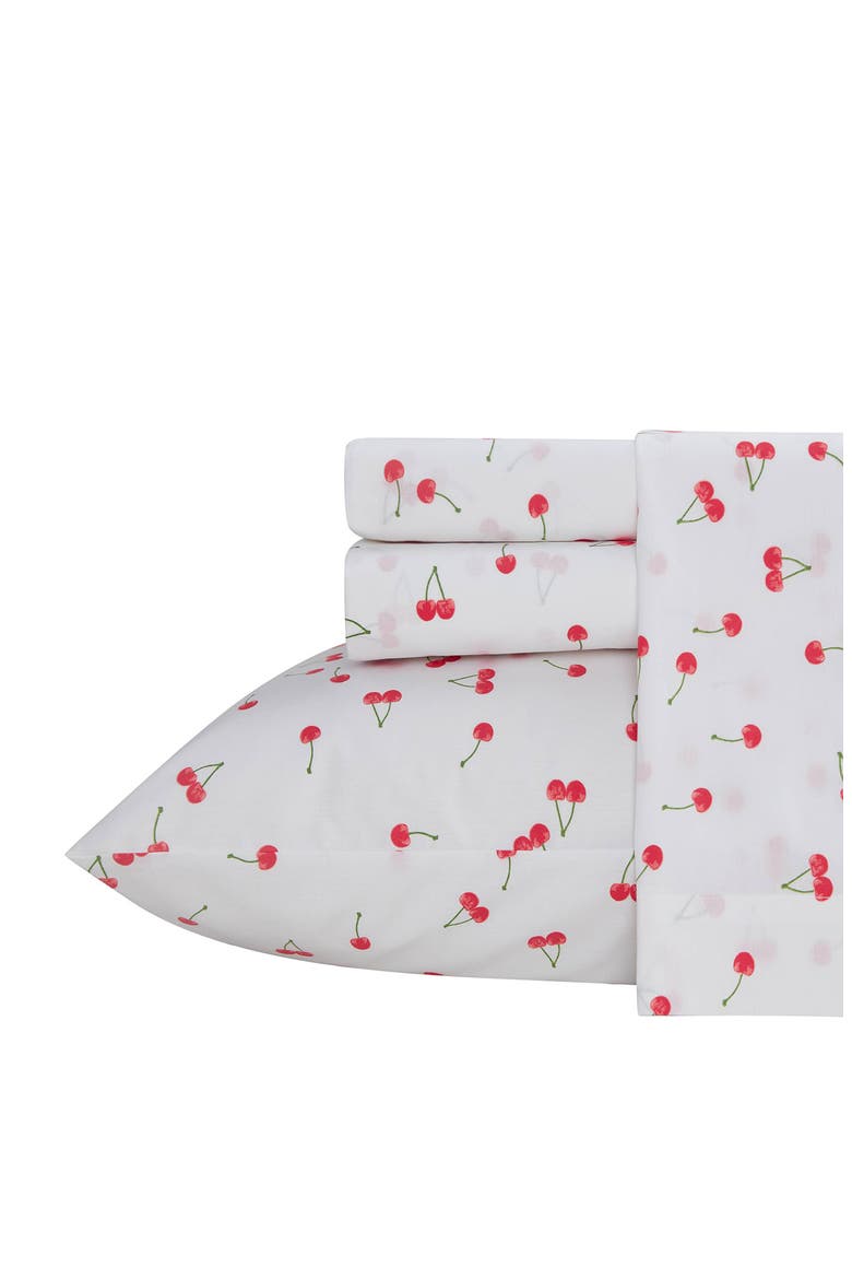Cherry Print 200 Thread Count Cotton Percale Sheet Set, Main, color, RED