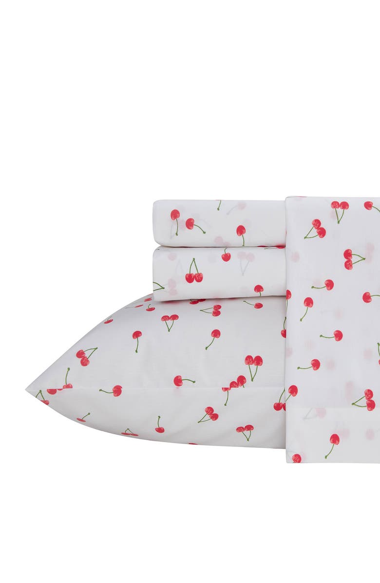 POPPY AND FRITZ Cherry Print 200 Thread Count Cotton Percale Sheet Set, Main, color, Red