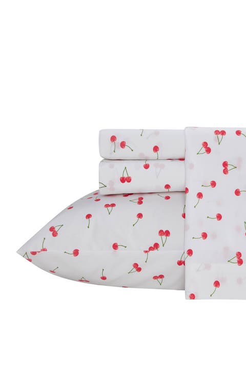 Cherry Print 200 Thread Count Cotton Percale Sheet Set