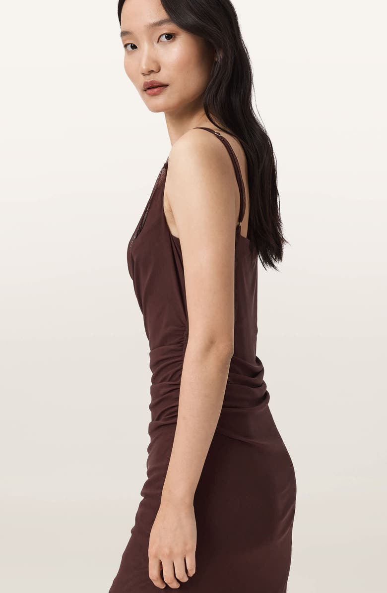 AllSaints Bea Asymmetric Hem Mesh Midi Dress, Alternate, color, Bitter Brown